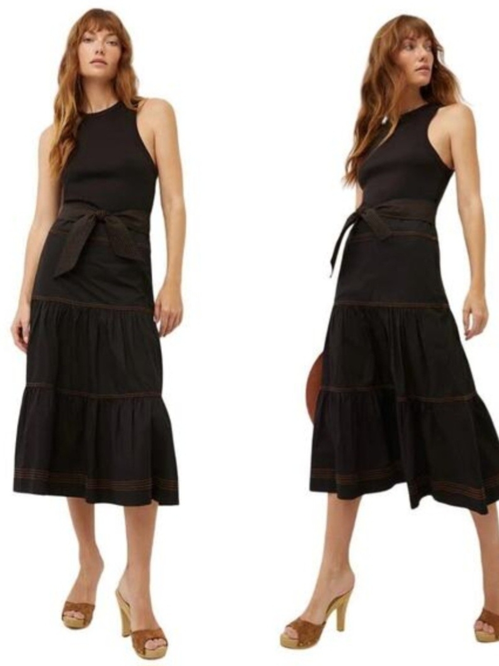 Veronica Beard Black Tiered Midi Dress with Waist Tie